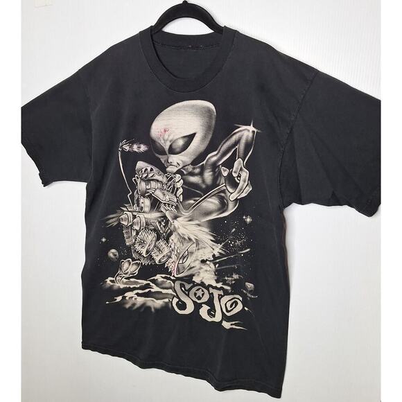 Vintage 1997 Sojo Liquid Blue Fijak T-shirt L Alien Attack Motorcycle Biker UFO - Picture 2 of 7